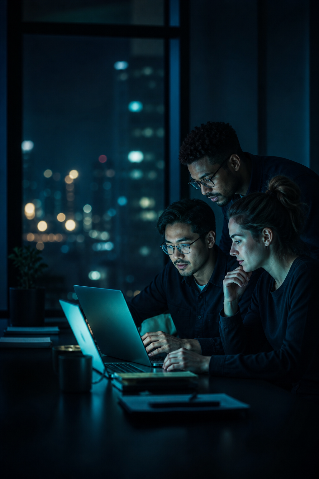 Software team collaborating at night with city views and teal screen light